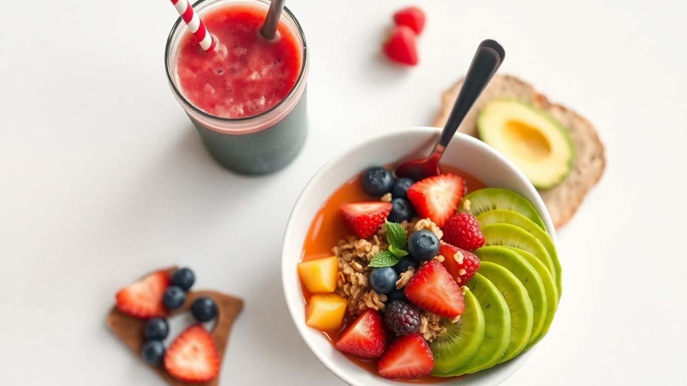 Healthy breakfast bowl, smoothie, and avocado toast.