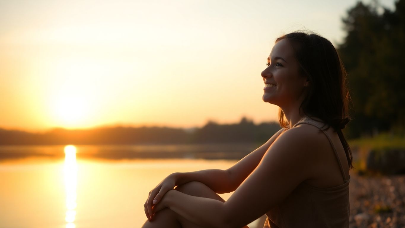 Person by lake at sunset, feeling peaceful and accepting.