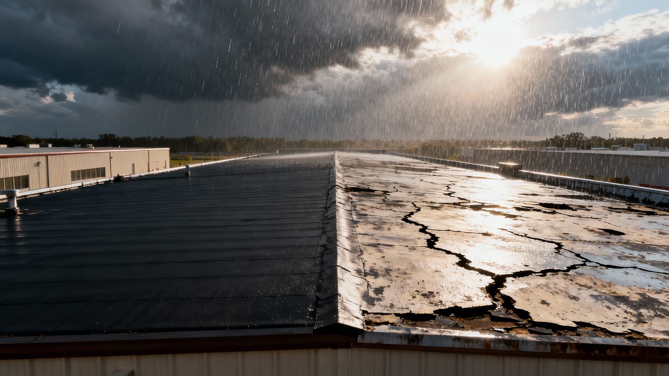 Commercial roof weathering from sun and rain damage.