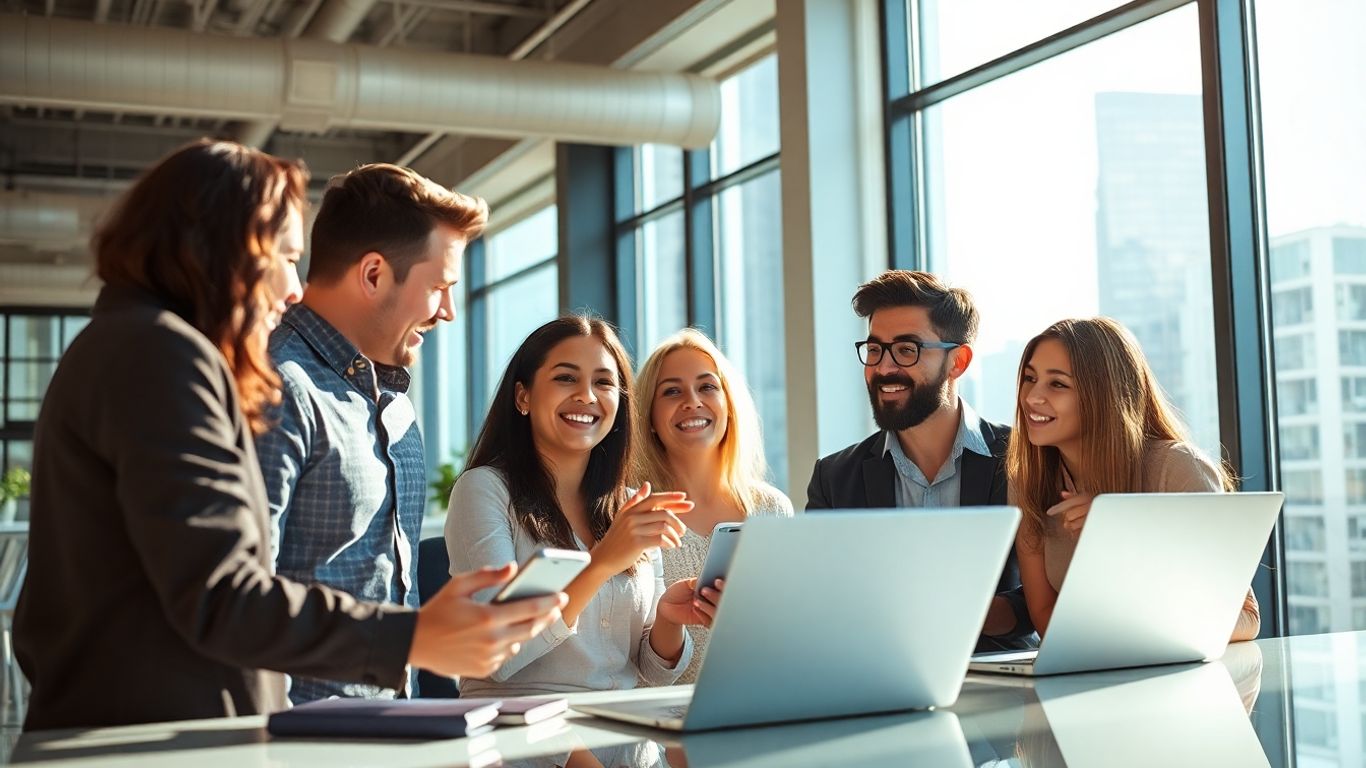 Professionals collaborating in a bright, modern tech office.