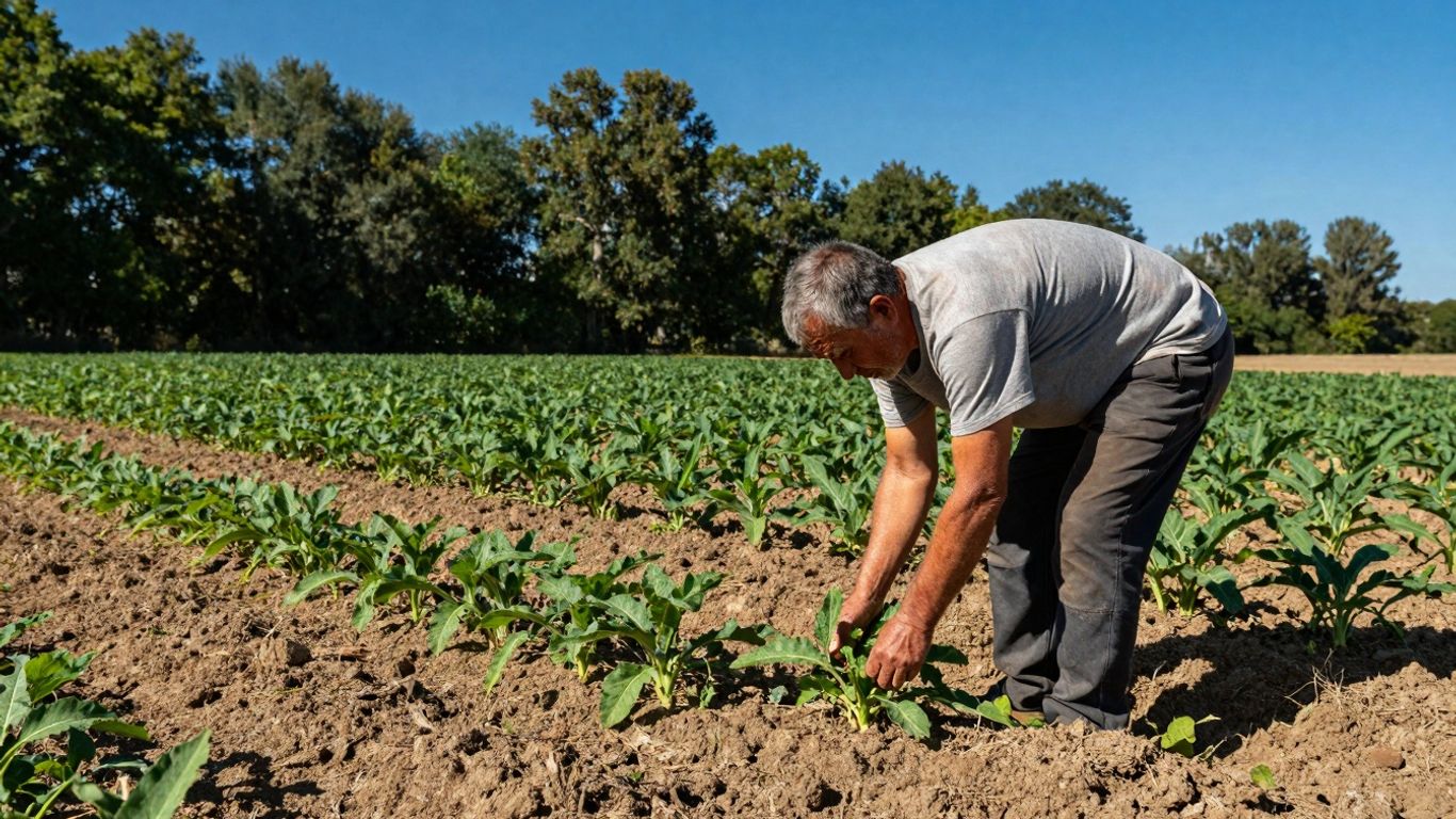 Câmp verde cu fermier, soare și plante sănătoase.