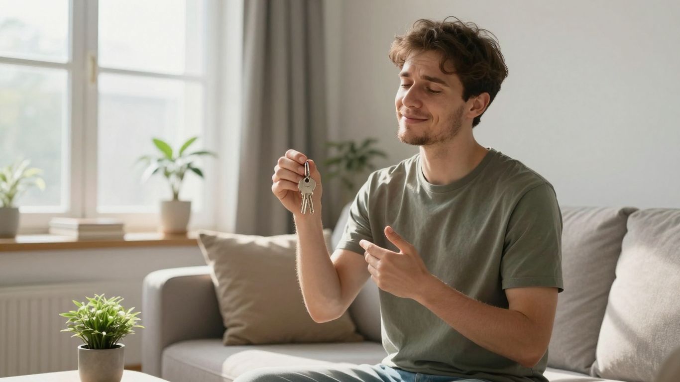 Persona sonriente con llaves, hogar seguro y protegido.