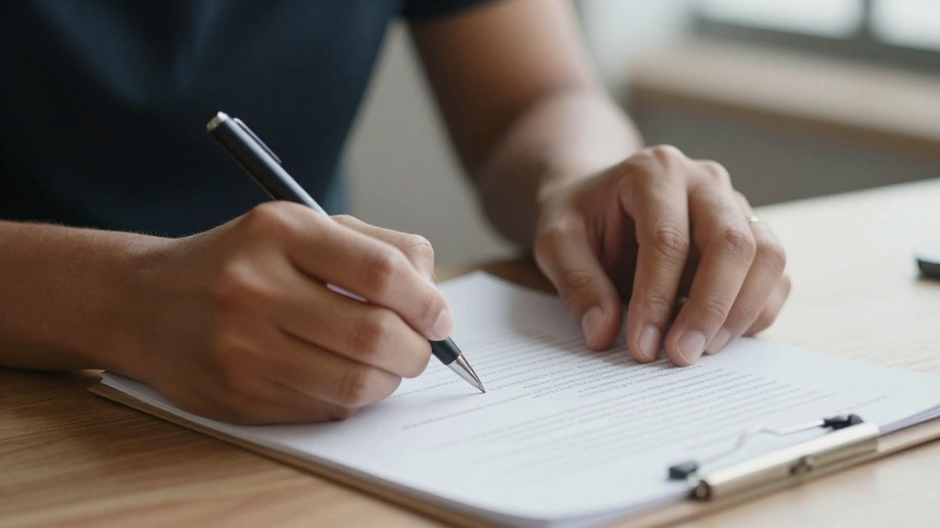 Personne écrivant sur un document avec un stylo.