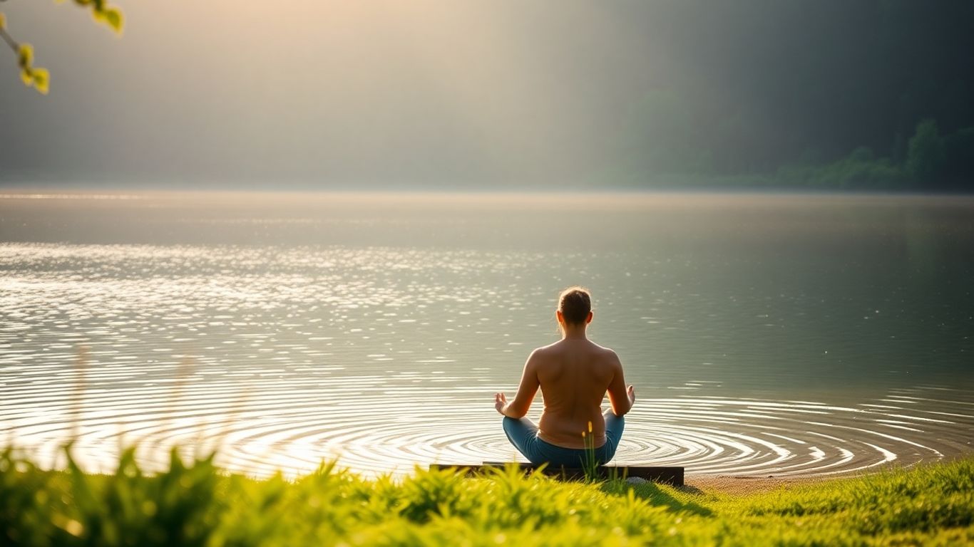 Person meditating by a calm lake