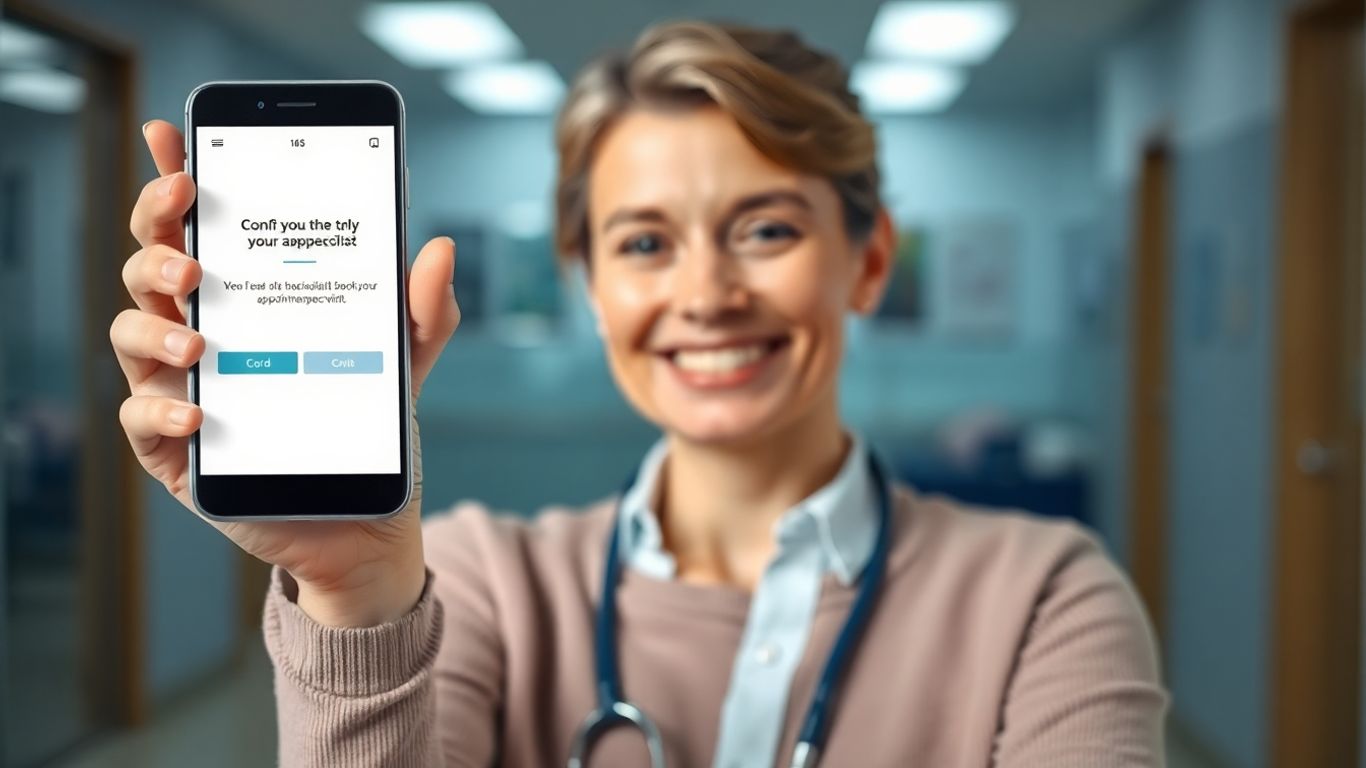 Pacient fericit cu telefonul după programare la medic.