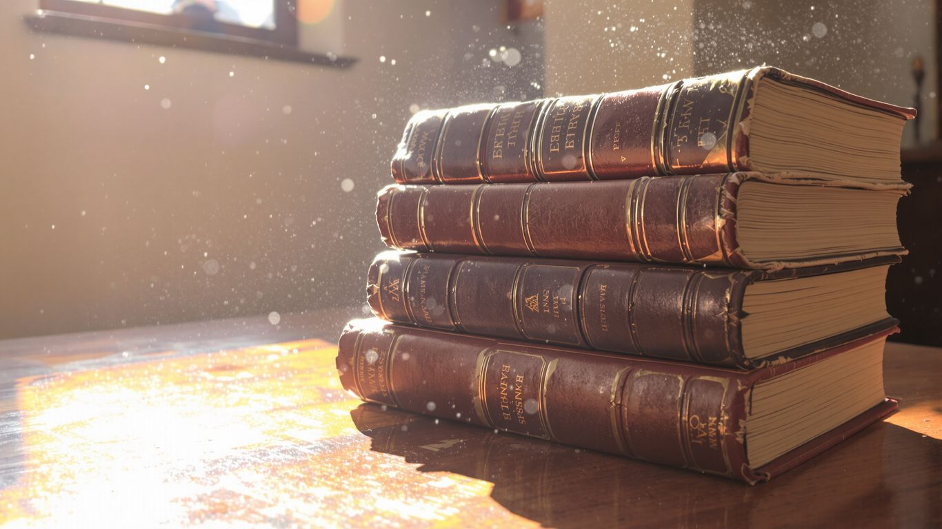 Ancient books on a wooden table bathed in sunlight.