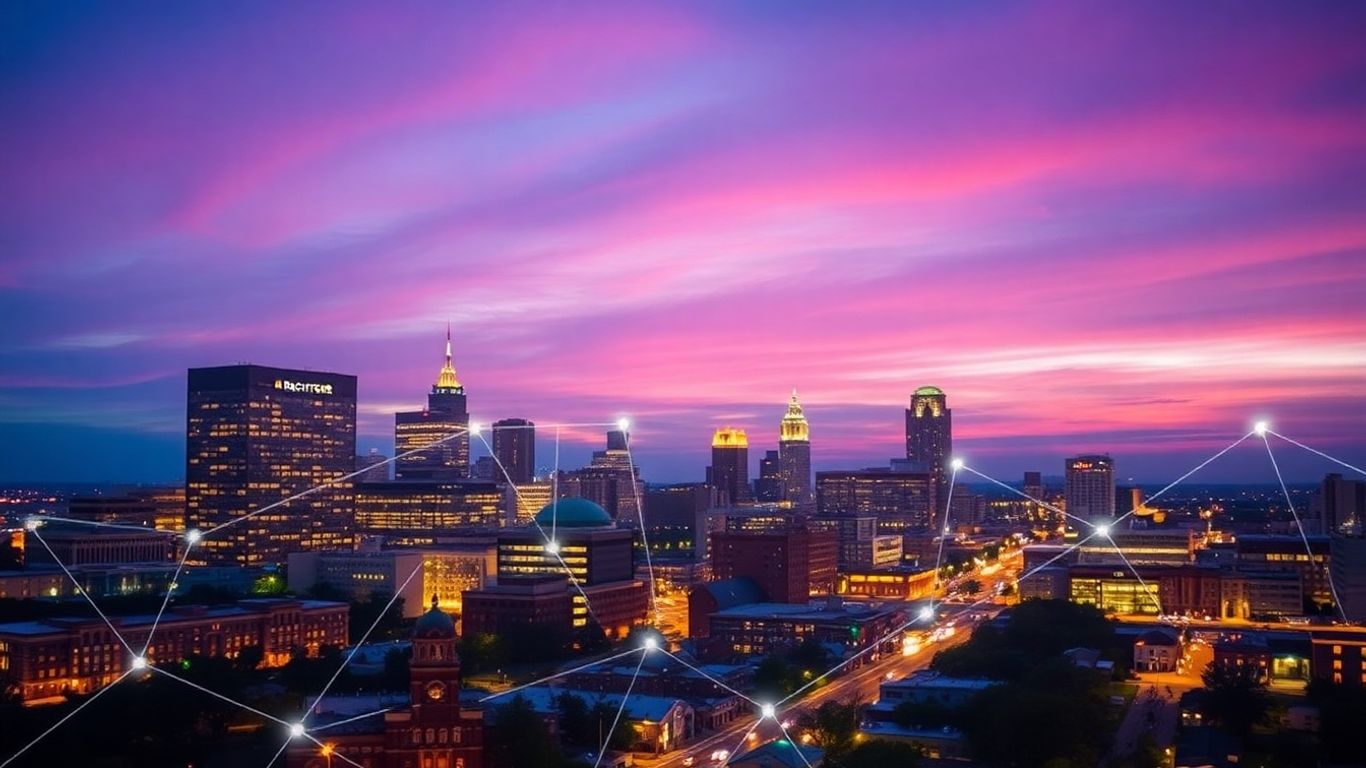 Rochester skyline with digital network overlay