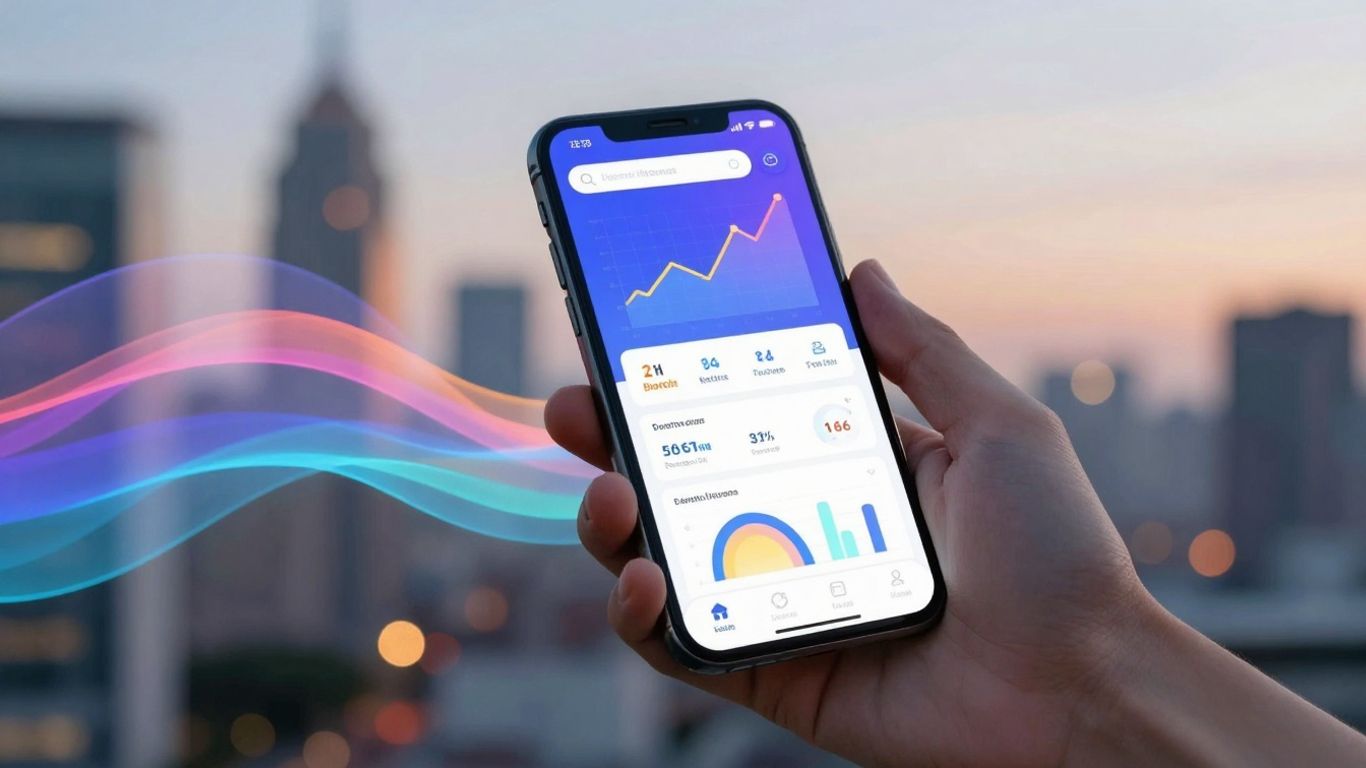 Smartphone displaying financial app with city background.