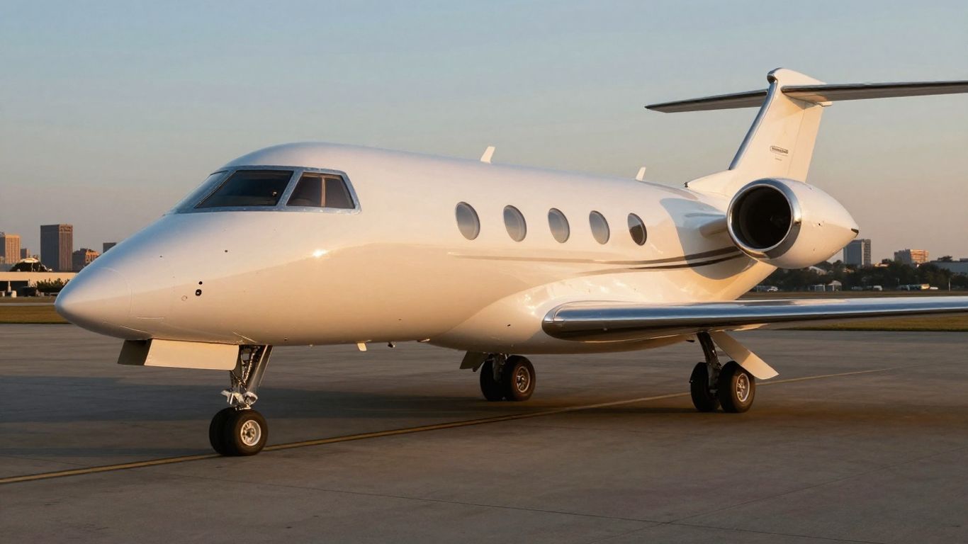 Private jet at New Orleans airport at sunset.