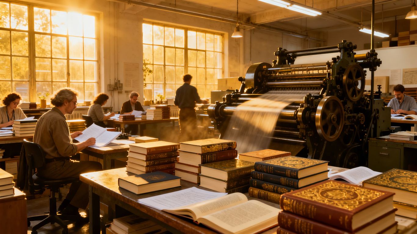 Books being printed and edited in a publishing house.
