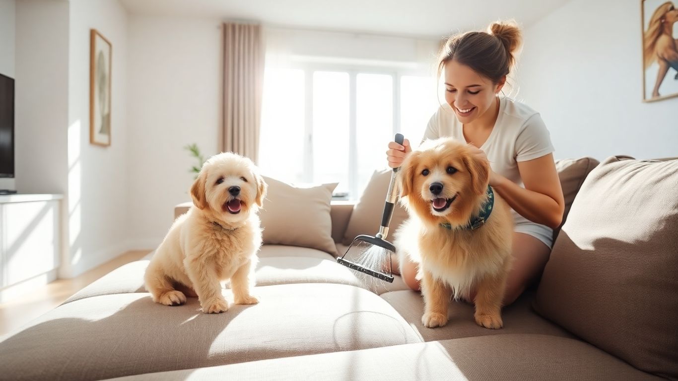 Person removing pet hair from couch with tool.
