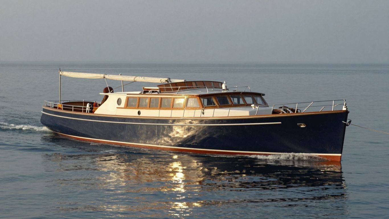 Elegant 1920s yacht on blue water.