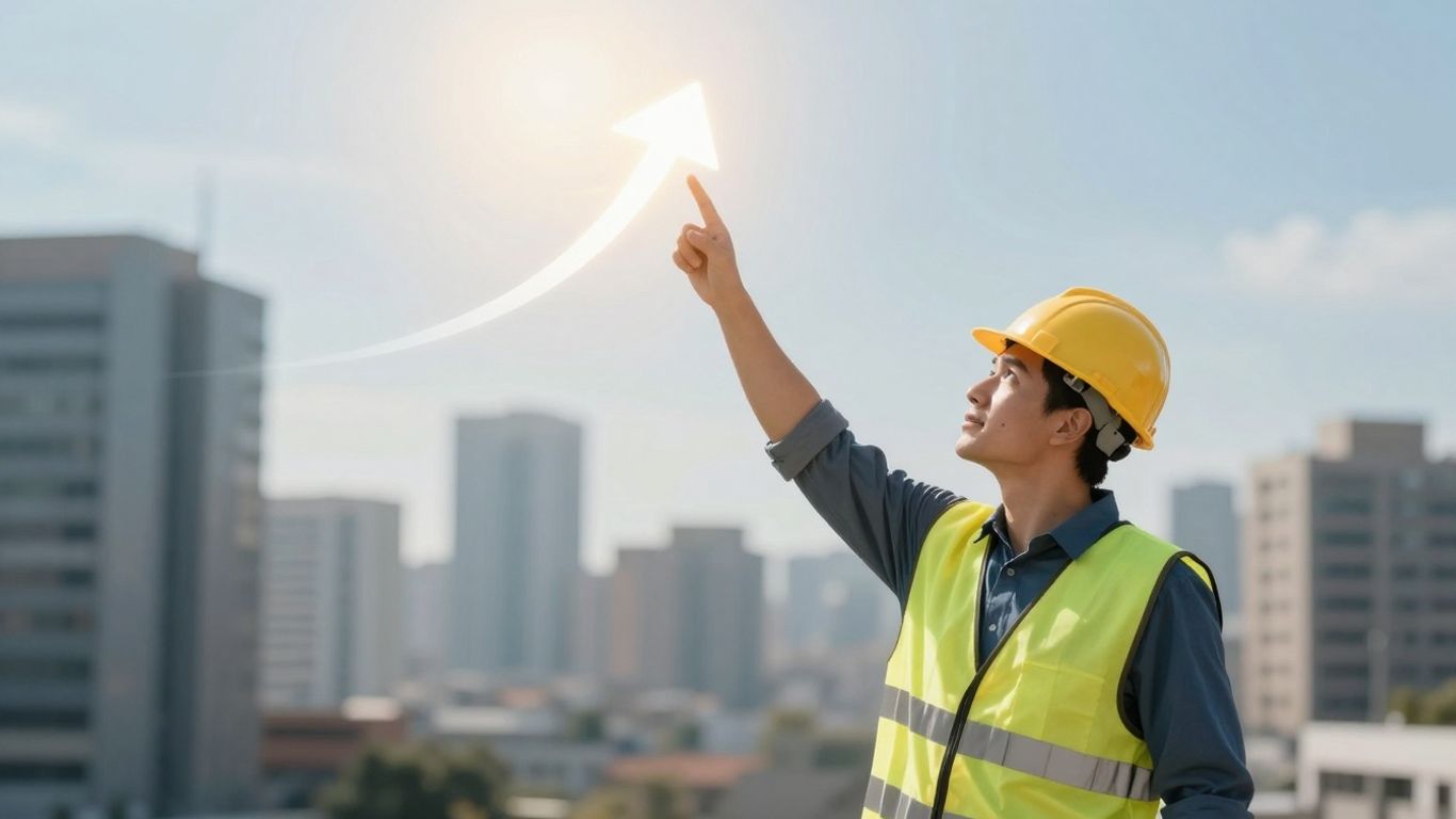 Contractor pointing up towards success and growth.