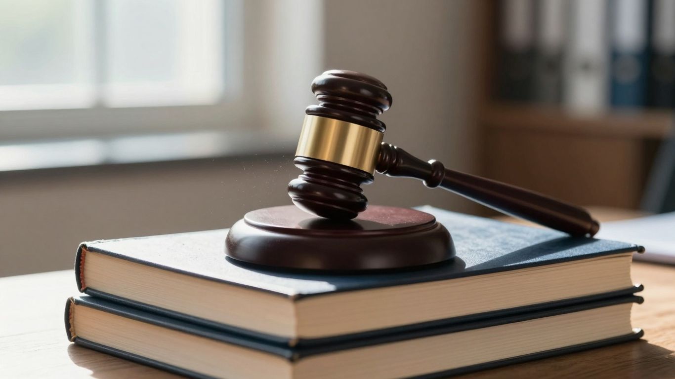 Gavel on legal books, professional office setting.