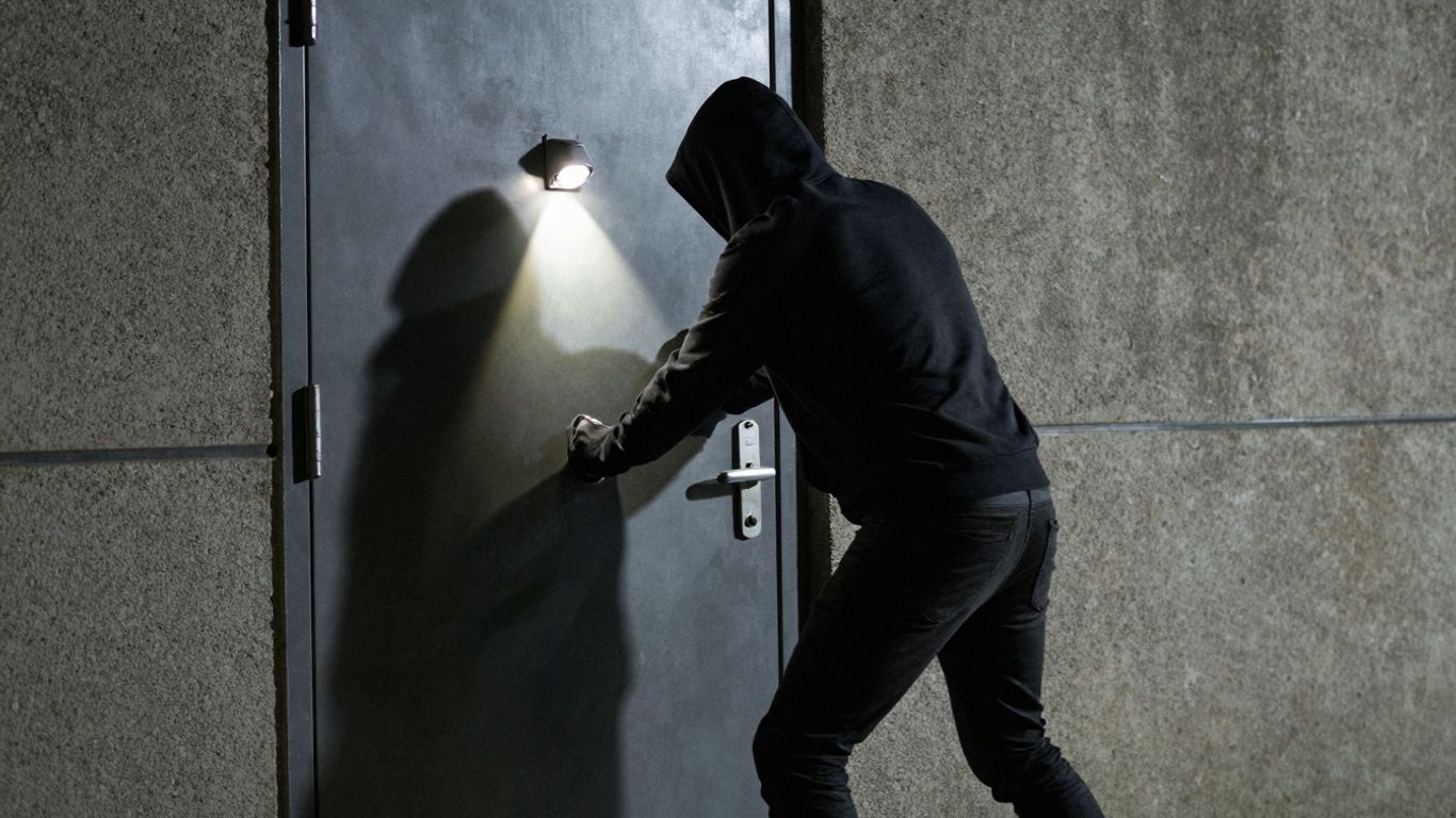 Thief attempting to break into a locked building at night.