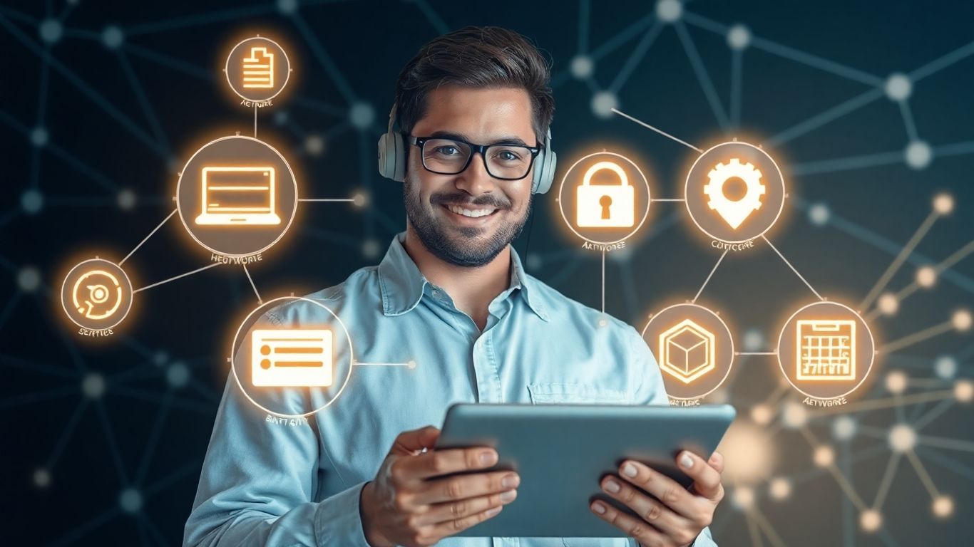 IT support engineer working with technology icons.