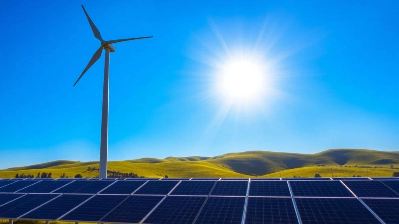 Éolienne et panneaux solaires sous un ciel bleu.