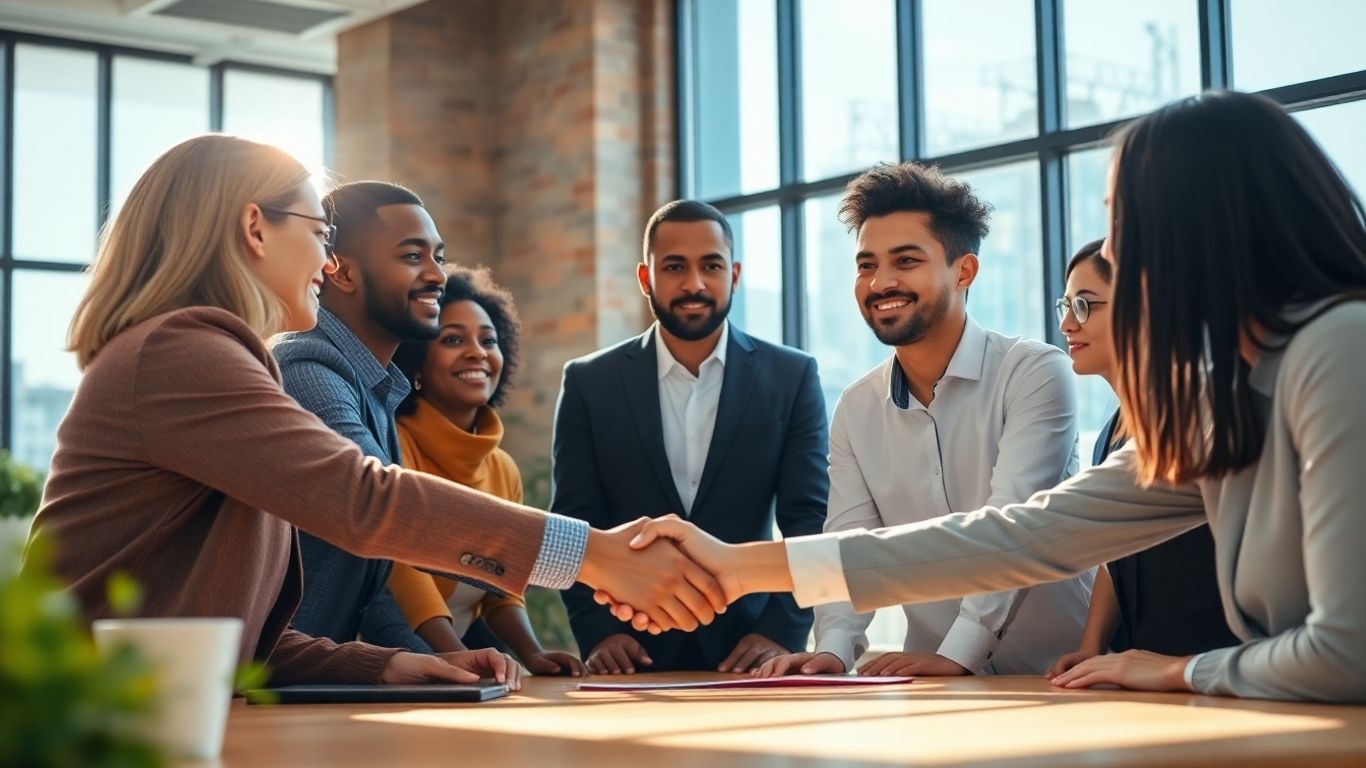 Professionals collaborating and shaking hands in a bright office.