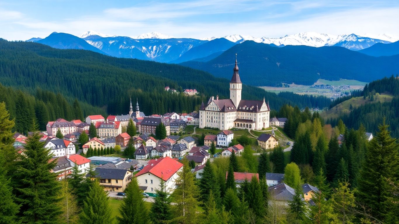 Peisaj montan cu Castelul Peleș în Sinaia