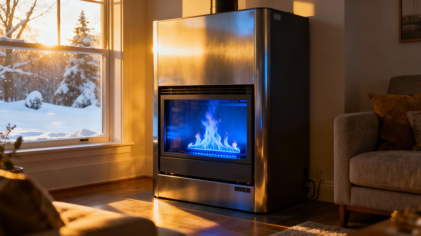 Modern furnace with blue flames in a cozy living room.