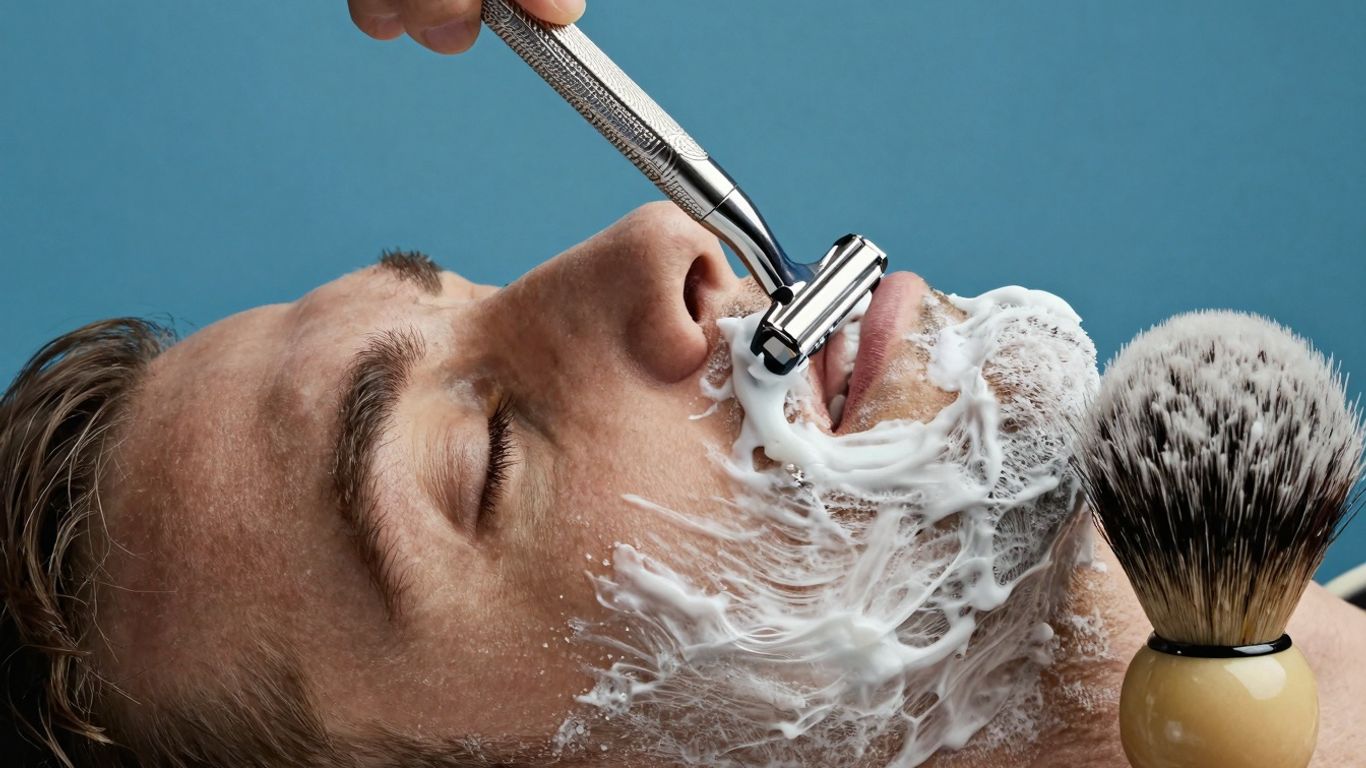 Close-up of a man's face during a traditional wet shave.