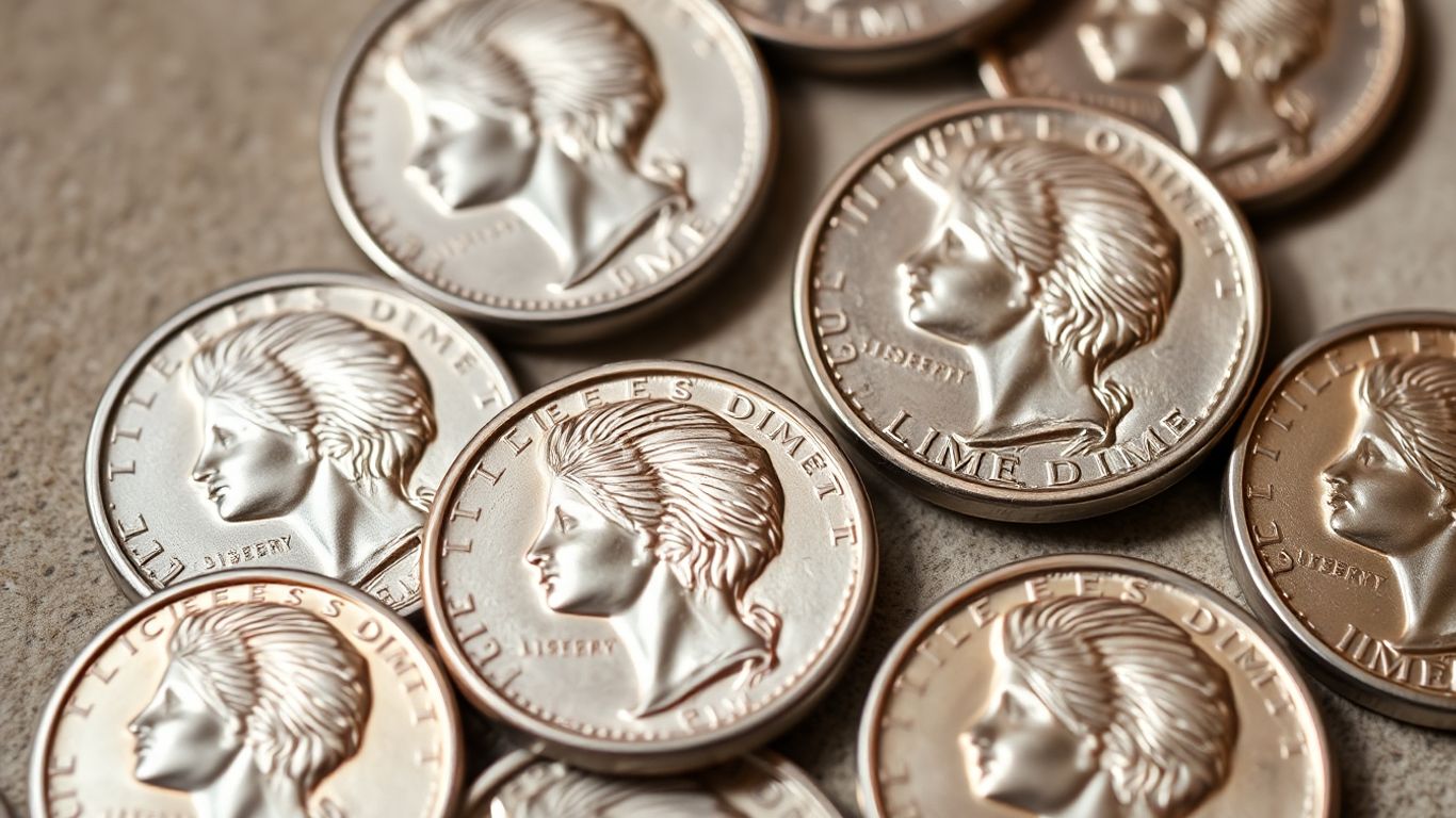 Close-up of several Mercury dimes, showing their detailed designs.