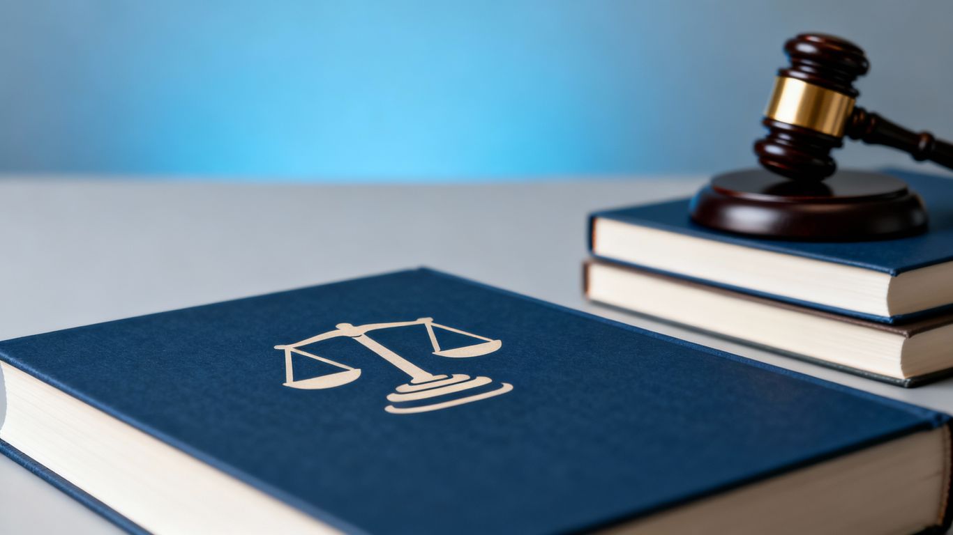 Book cover with legal gavel and books illustration.