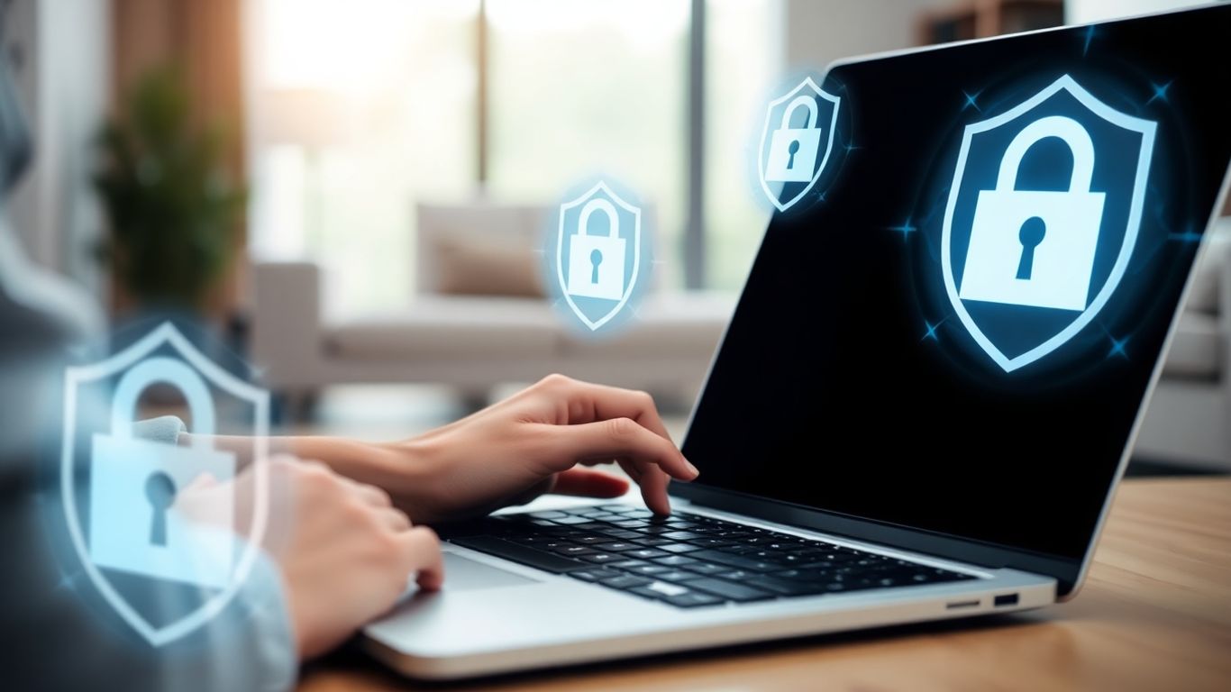 Personne protégeant son ordinateur avec des boucliers numériques.