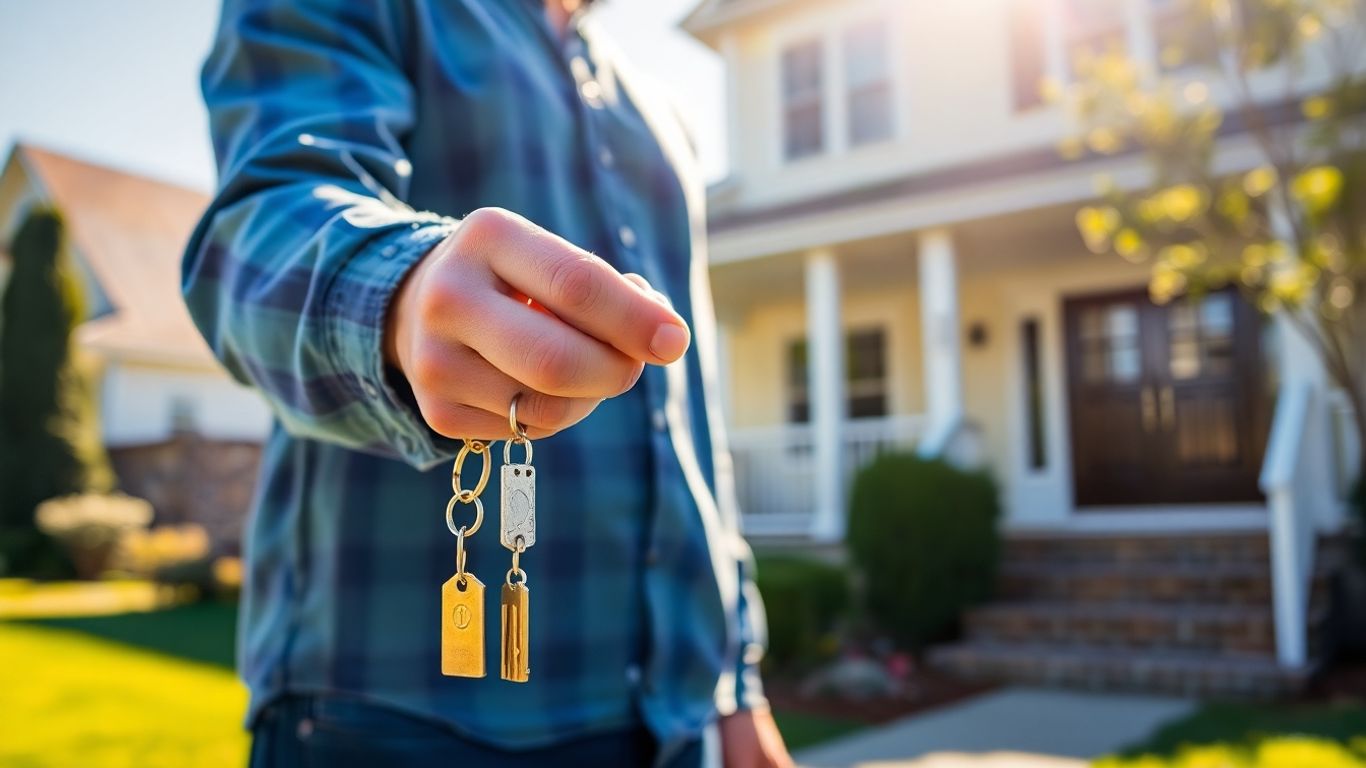 Propietario con llaves frente a casa de alquiler.