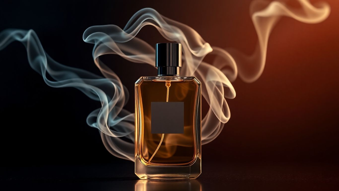 Elegant perfume bottle with abstract scent cloud.
