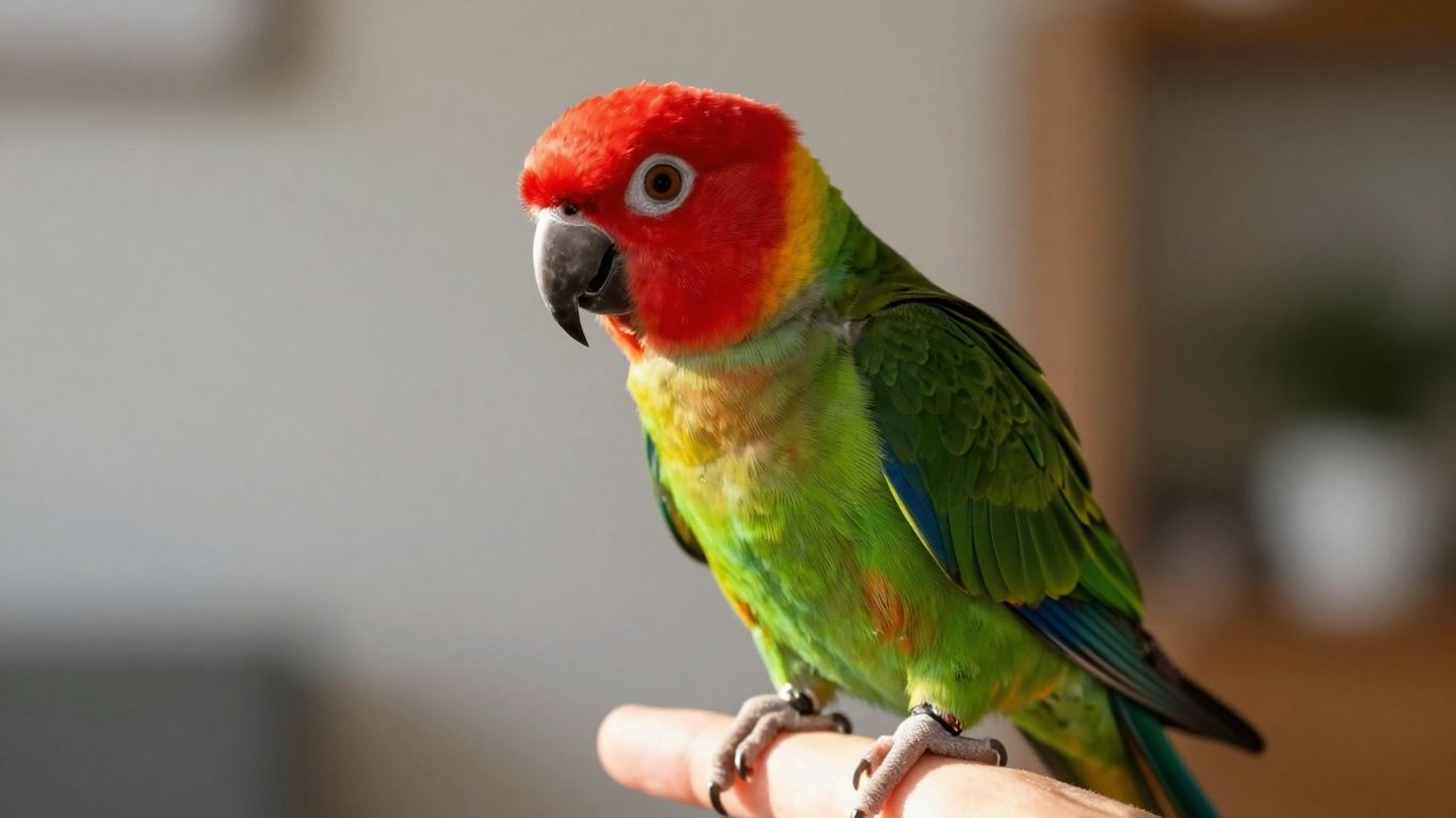 Cherry Headed Conure bird perched on a hand.