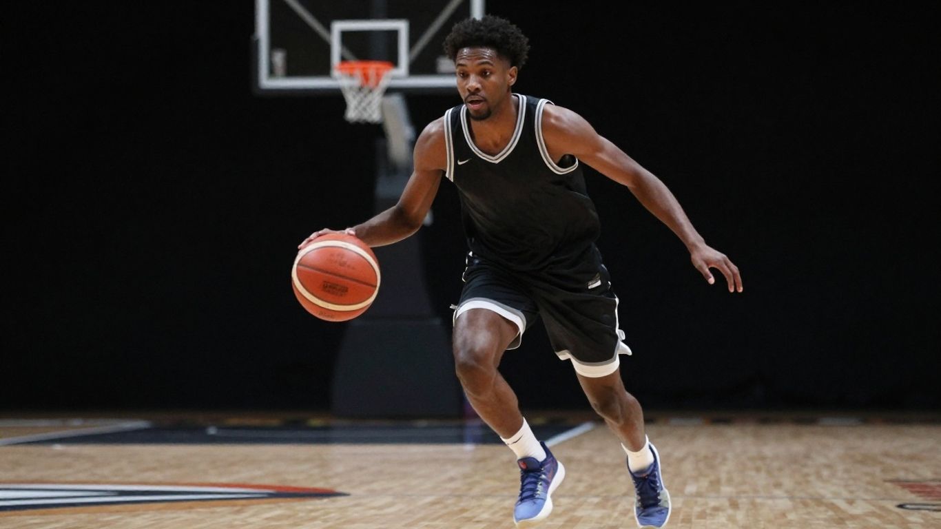 Basketball player dribbling with intensity.