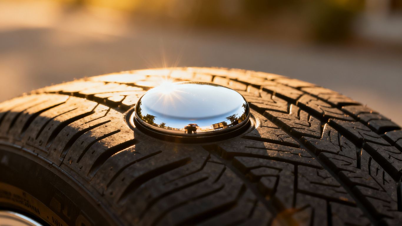 Close-up of a car tire with a shiny cap.