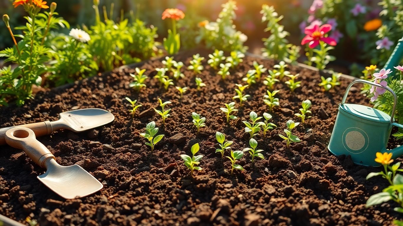 Gardening tools and young plants in a prepared garden bed.