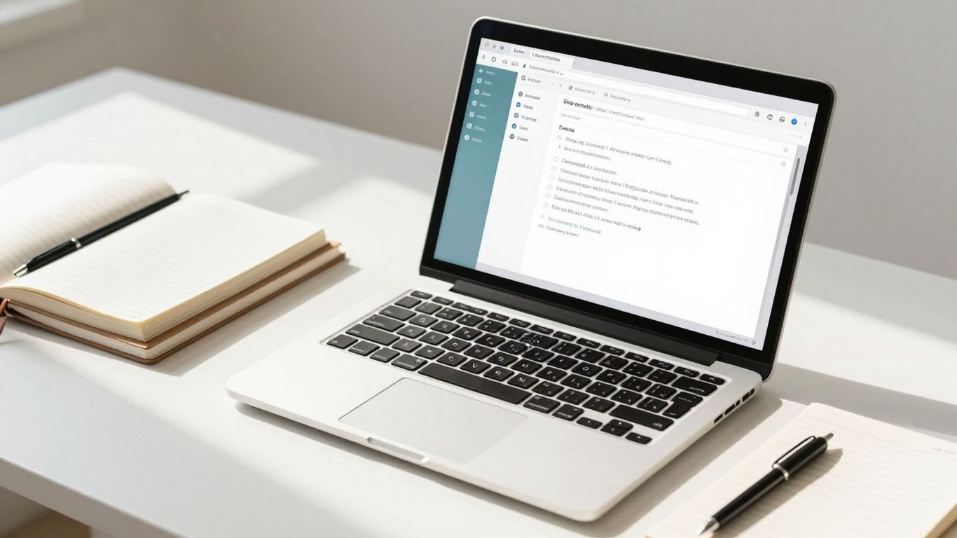 Evernote app interface on a laptop, desk setup.