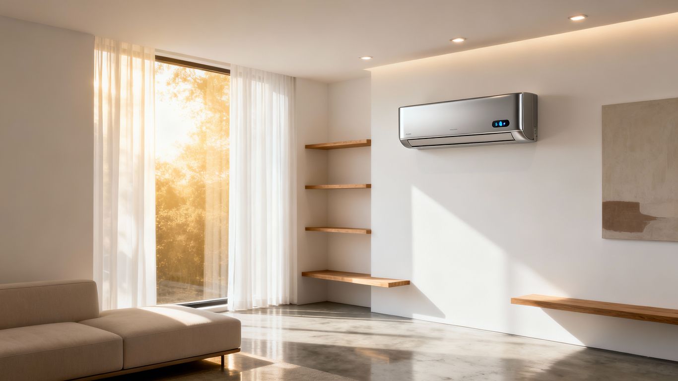 Modern living room with a wall-mounted mini-split AC unit.