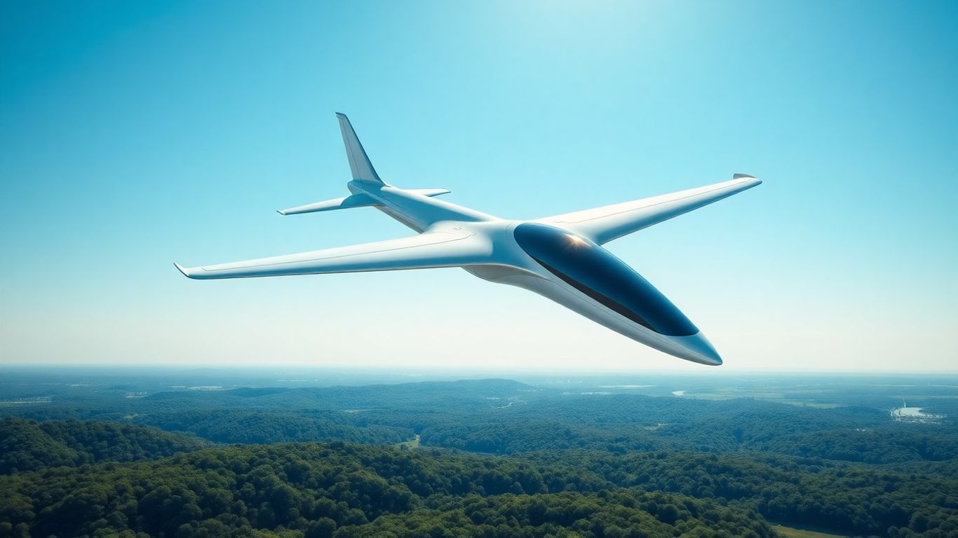 Avion électrique futuriste dans un ciel bleu au-dessus d'un paysage verdoyant.