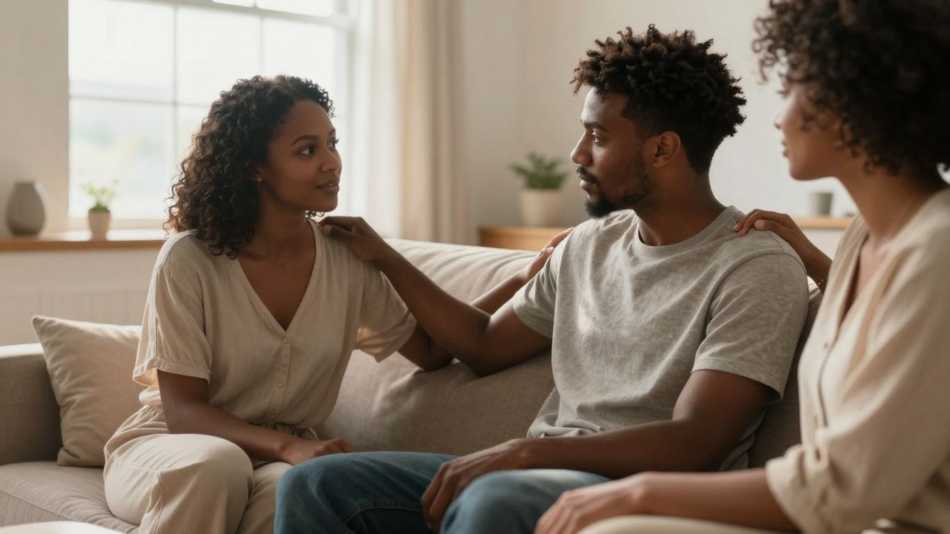 Two people talking calmly, one offering gentle support.