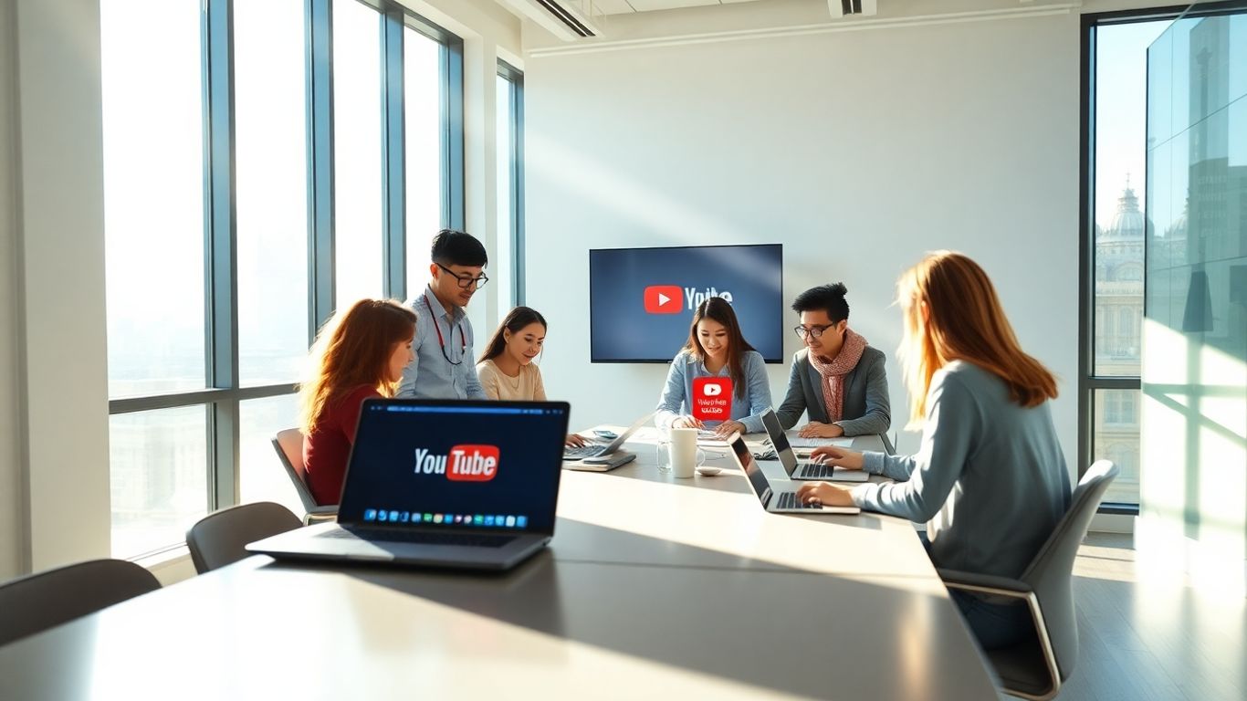 Team working on YouTube marketing strategy in modern office.