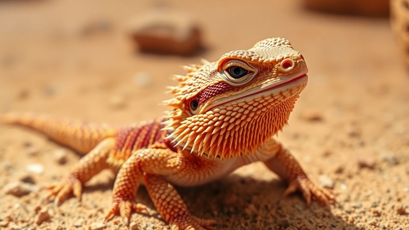 Bearded dragon basking under a warm light.