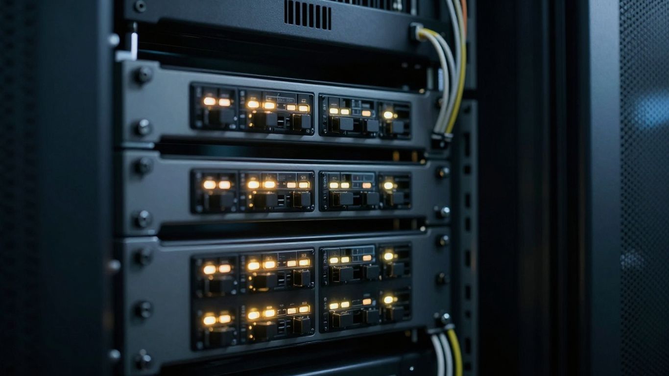 Server room with blinking lights and complex wiring.