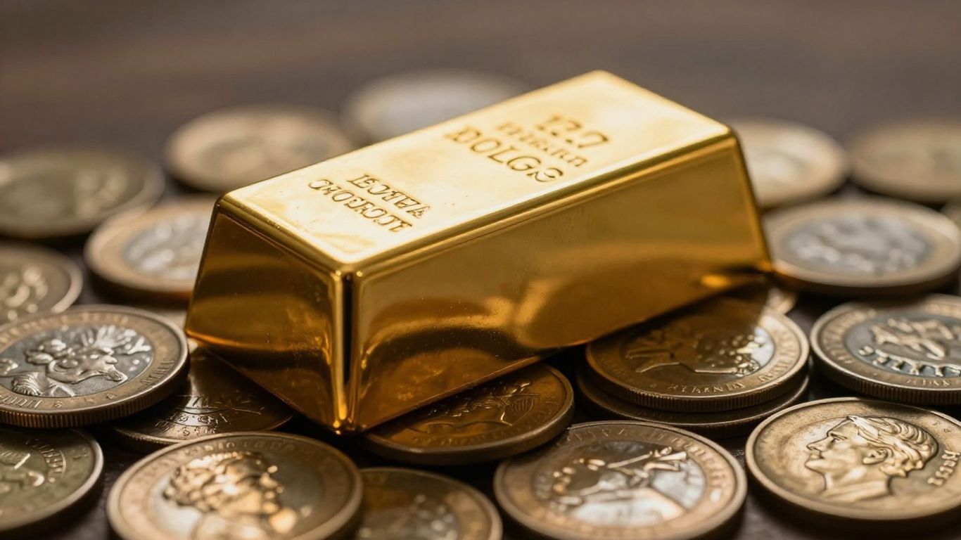 Barre d'or sur des pièces anciennes, symbole de transmission.