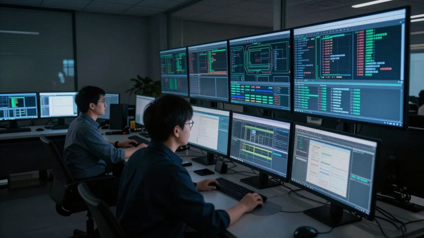 Security operations center with multiple screens and technicians.