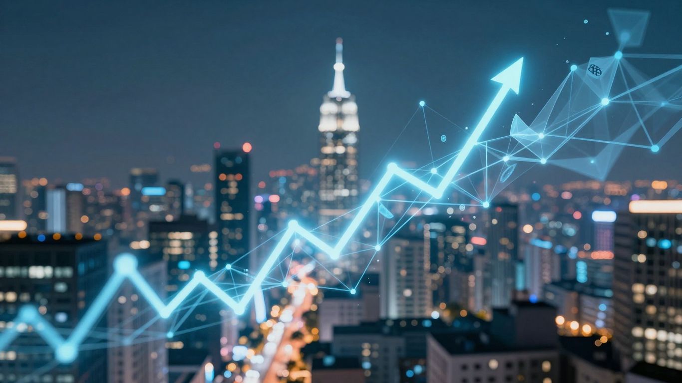 Futuristic cityscape with digital pathways and currency symbols.