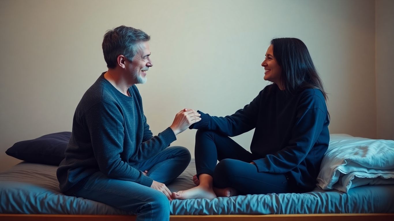 Person offering comfort and support in a hostel setting.