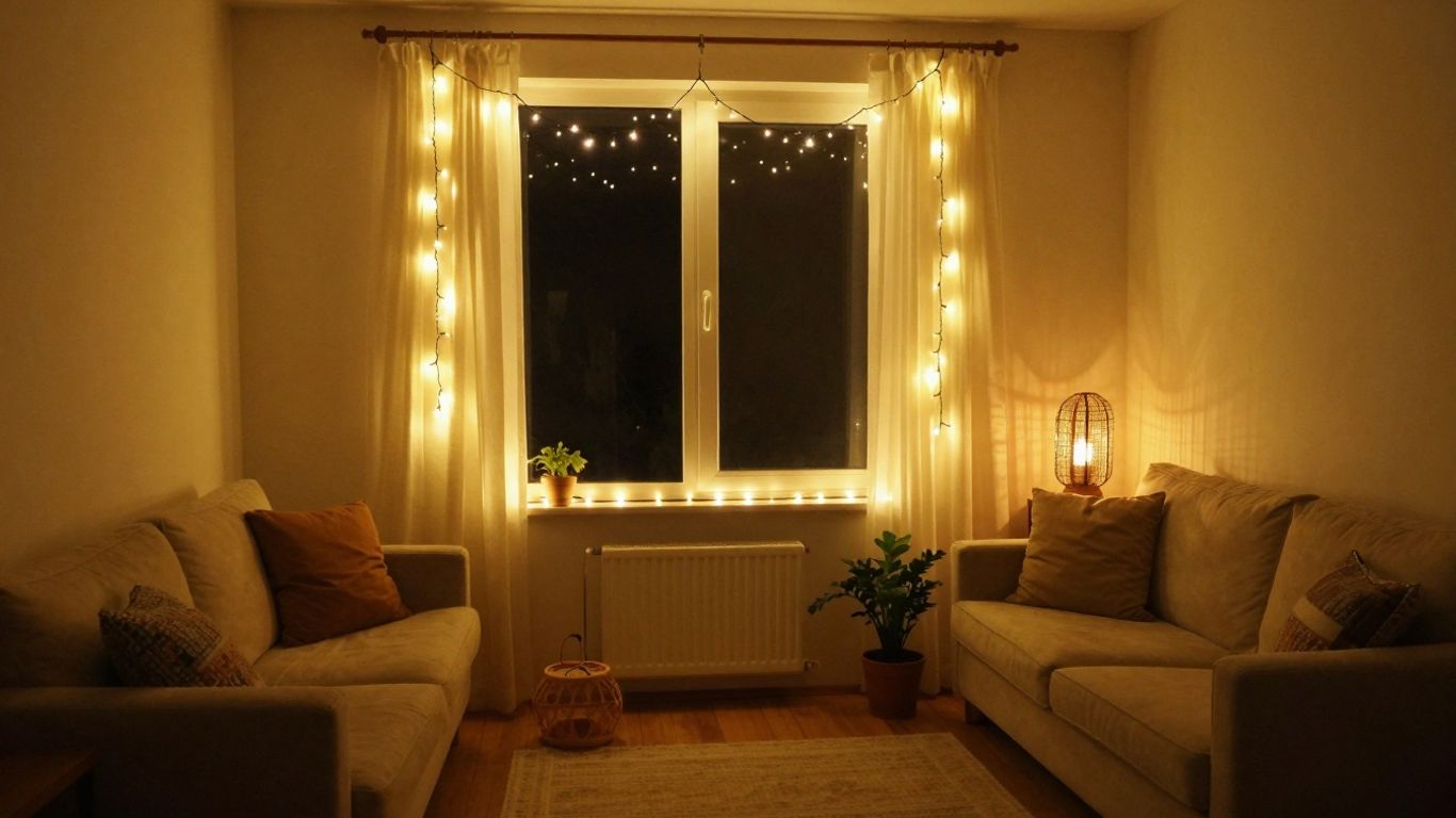 Warm fairy lights illuminating a cosy living room window.