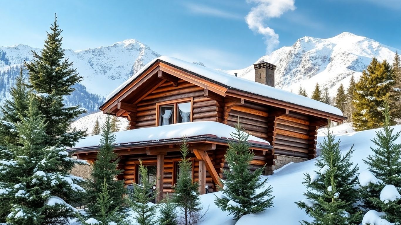 Cabane en bois dans les montagnes savoyardes enneigées.