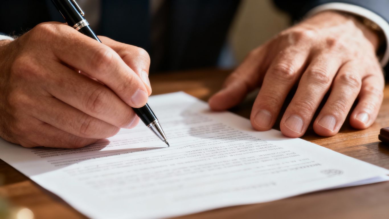 Hands signing a document with a pen.