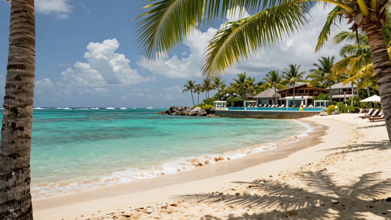 Tropical beach with palm trees and clear blue water.