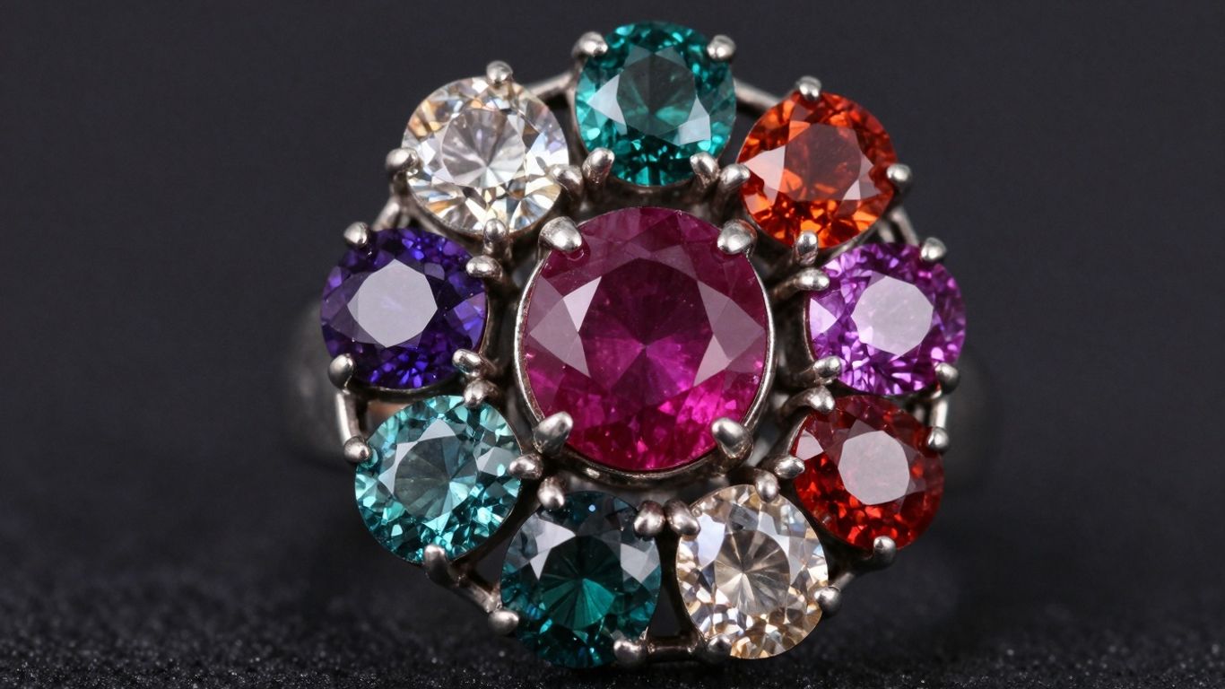 Navaratna ring with nine colorful gemstones.